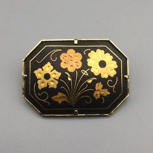 Vintage 40s Black Gold Floral Damascene Brooch Pin